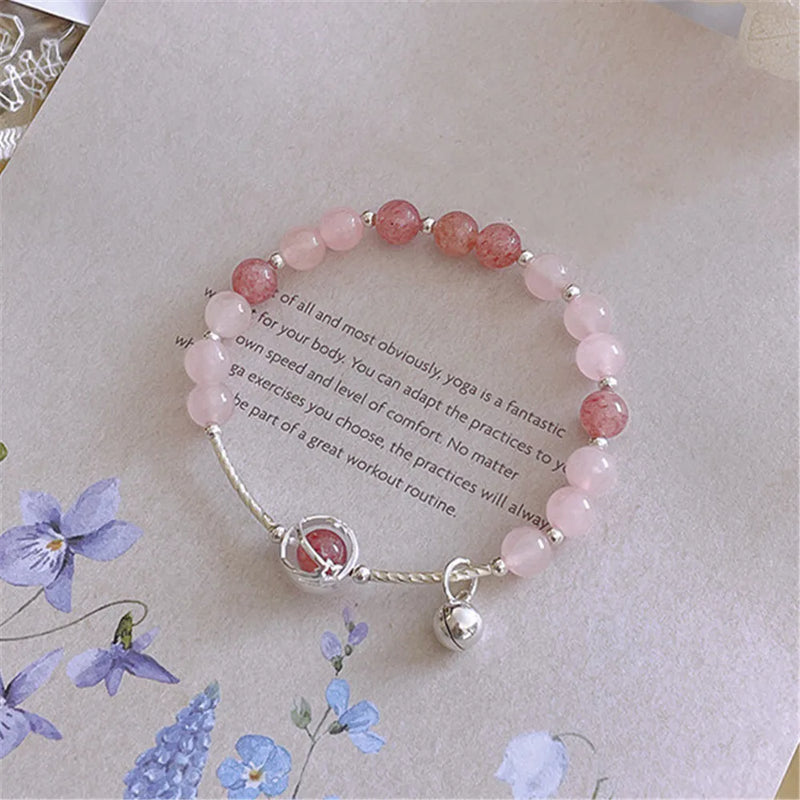 S925 Silver Bell Pendant Strawberry Quartz Bracelet