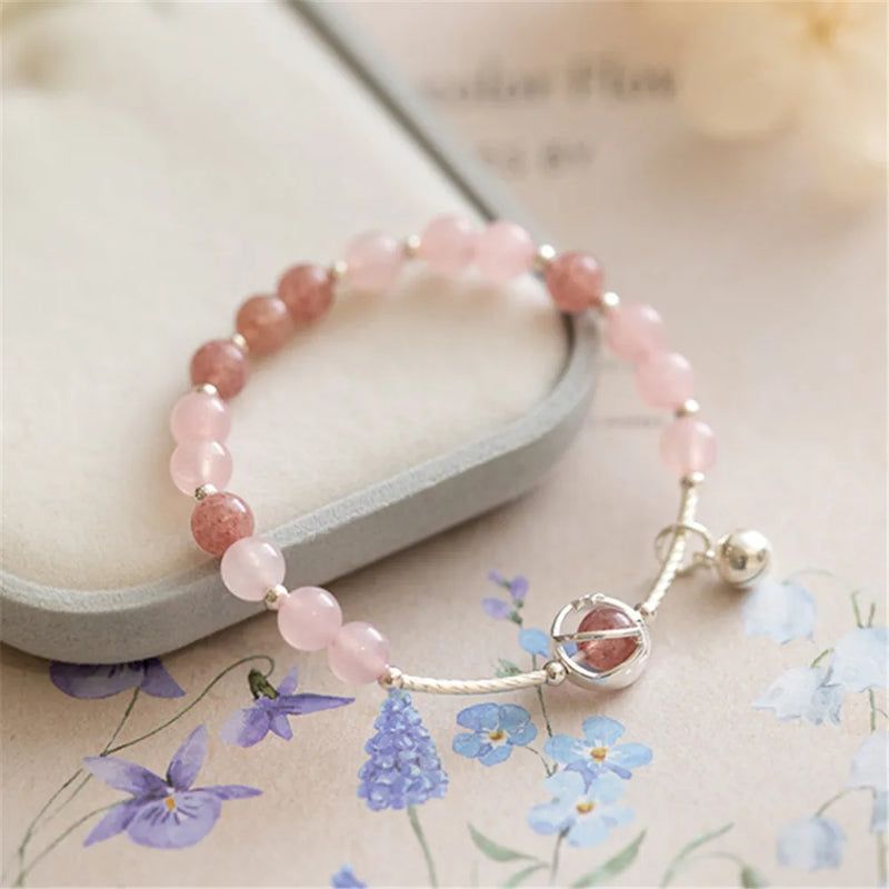 S925 Silver Women Bracelet Bell Pendant Strawberry Quartz Pink Quartz