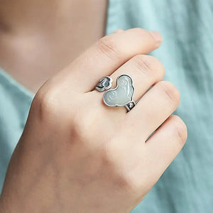 S925 Silver Hetian Jade Ring Ethnic Style Open Mouth Ring