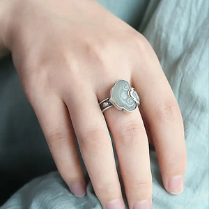 S925 Silver Hetian Jade Ring Ethnic Style Open Mouth Ring