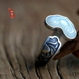 S925 Silver Hetian Jade Ring Ethnic Style Open Mouth Ring