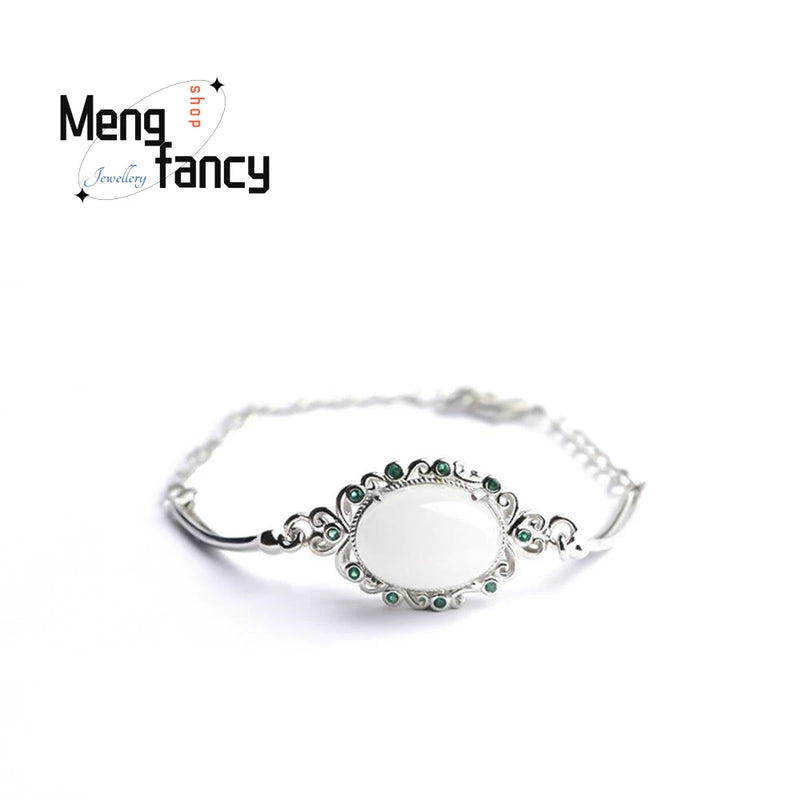 S925 Silver Hetian Jade Egg-Set Bracelet Charms Men Women Bangle