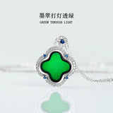 S925 Silver Four Leaf Grass Jadeite Pendant Necklace