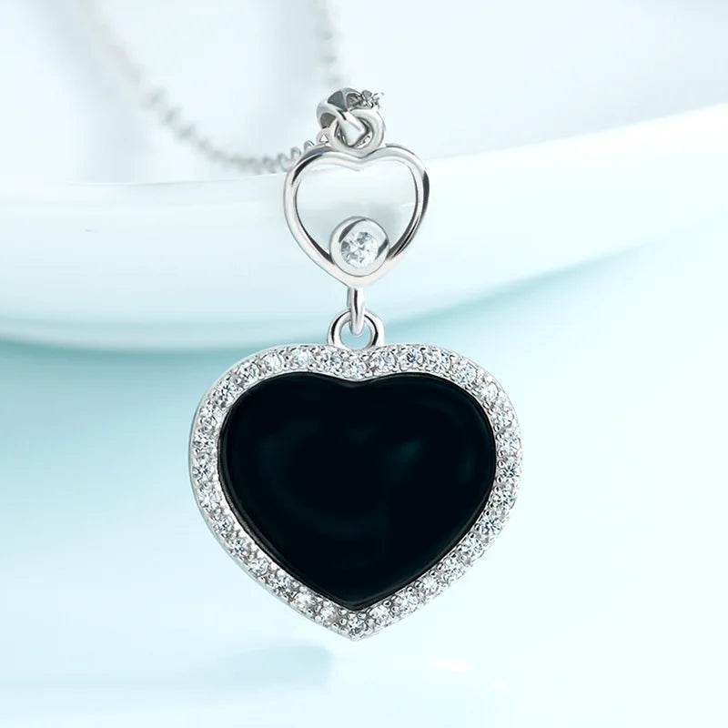 S925 Silver Inlaid Natural A Ink Jade Love Ice Jadeite Pendant Necklace