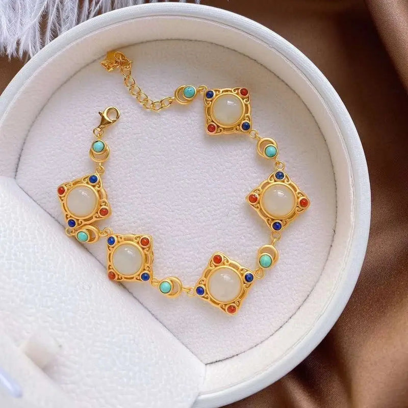 S925 Silver & Hotan Jade Bracelet Chinese Palace Retro Ethnic Jewelry