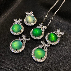 S925 Silver Jade Jewelry Green Agates Round Bow Pendant Necklace