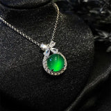 S925 Silver Jade Jewelry Green Agates Round Bow Pendant Necklace
