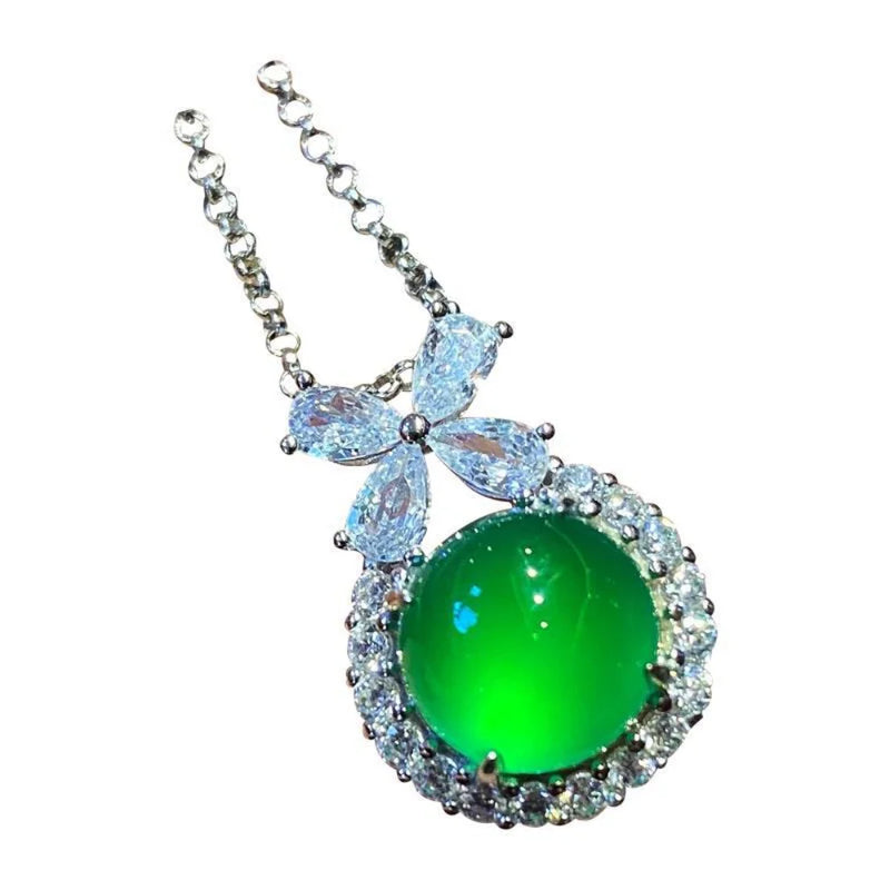 S925 Silver Jade Jewelry Green Agates Round Bow Pendant Necklace