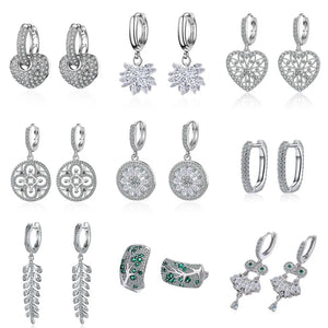 S925 Silver Pave Icy Flower Leaf Owl Tree Heart CZ Hoop Earring