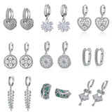 S925 Silver Pave Icy Flower Leaf Owl Tree Heart CZ Hoop Earring