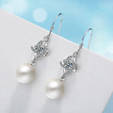 S925 Silver Pearl Clover Flower Leaf Hoop Earring