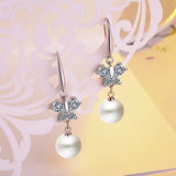 S925 Silver Pearl Clover Flower Leaf Hoop Earring
