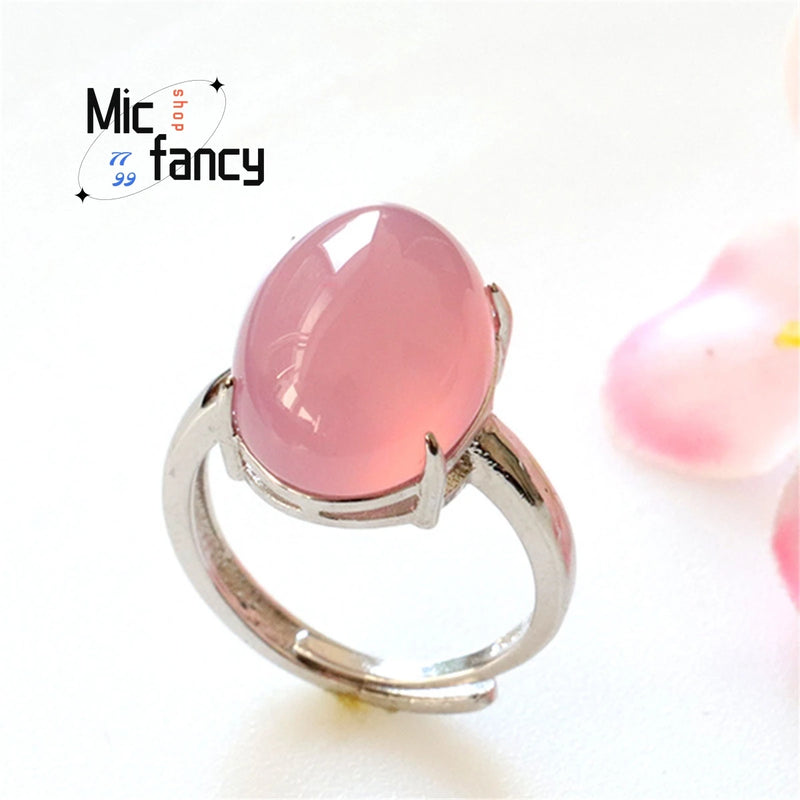 S925 Silver Pink Chalcedony Agate Ring Fine Jewelry Gift Female