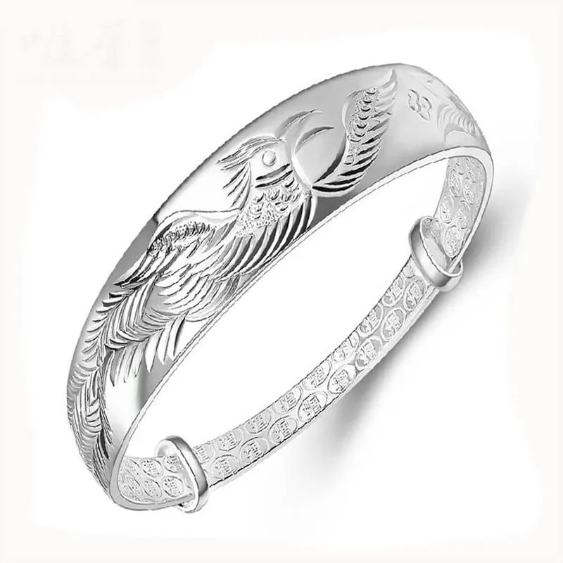 S925 Silver Lucky Phoenix Bird Bracelet Bangle for Women