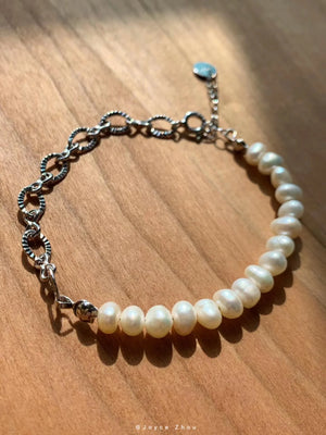 S925 Silver Freshwater Pearl Bracelet Vintage Woman Birthday Gift