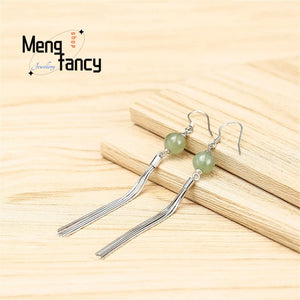 S925 Silver Hetian Jade Tassel Earrings Charms for Women