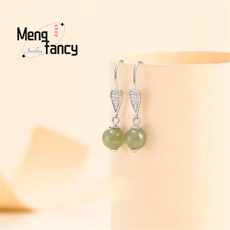 S925 Silver Natural Hetian Jade Temperament Earrings Charms Fine Jewelry