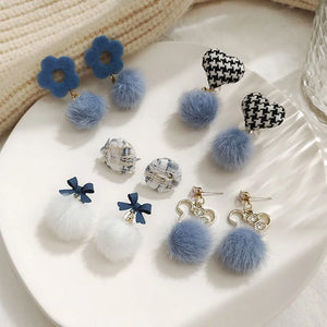 S925 Silver Needle Hair Ball Earrings Flocking Flower Earrings
