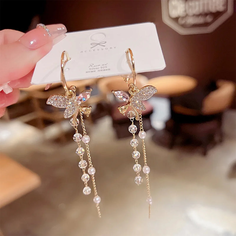 Butterfly Tassel Earrings Crystal Long Silver Needle Jewelry Sale