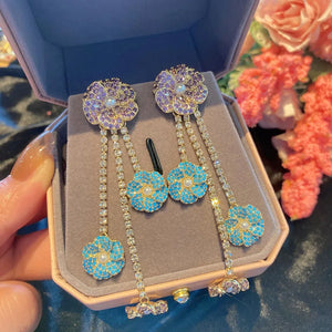 S925 Silver Needle Flower Tassel Long Earrings Retro Drop Earing