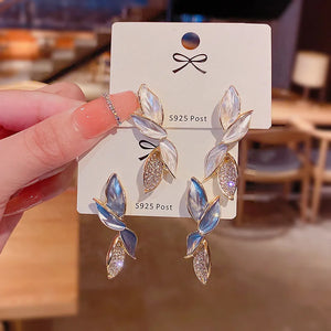 S925 Silver Needle French Diamond Fairy Leaf Earrings Light High-end Earrings