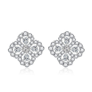 S925 Silver Needle Lucky Clover Stud Earrings Full Diamond Flower Sweet