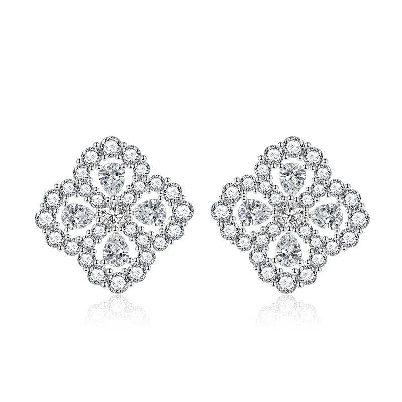S925 Silver Needle Lucky Clover Stud Earrings Full Diamond Flower Sweet