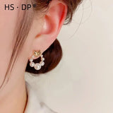 S925 Silver Needle Heart Pearl Ring Earrings Women Fresh Sweet Style