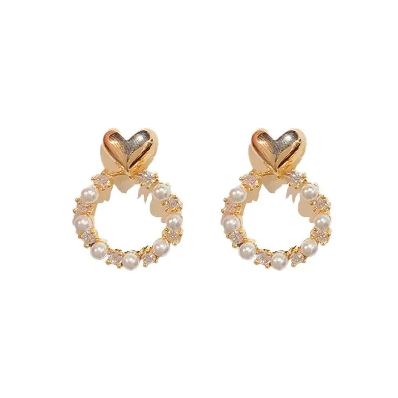 S925 Silver Needle Heart Pearl Ring Earrings Women Fresh Sweet Style
