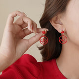 S925 Silver Needle Red Tiger Earrings Chinese Blessing Character