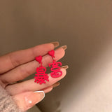 S925 Silver Needle Red Tiger Earrings Chinese Blessing Character