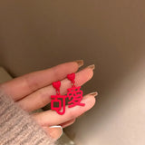 S925 Silver Needle Red Tiger Earrings Chinese Blessing Character