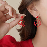 S925 Silver Needle Red Tiger Earrings Chinese Blessing Character