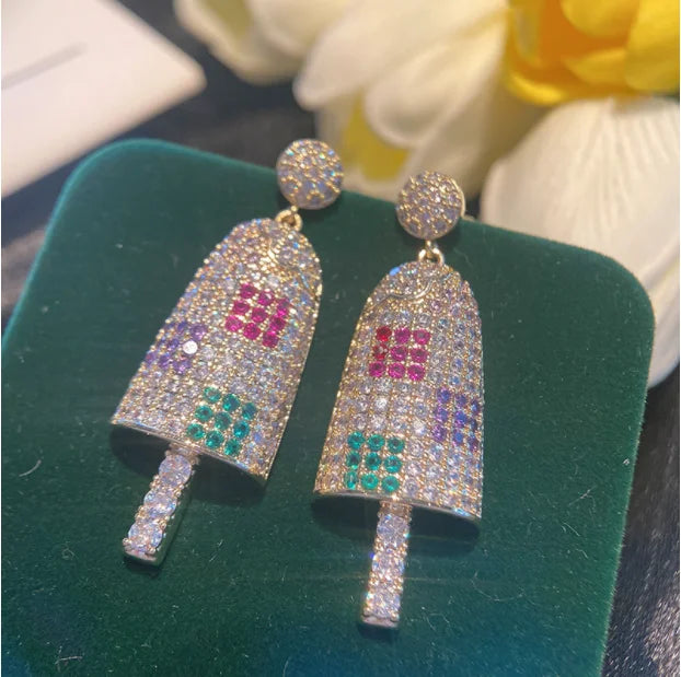 S925 Silver Needle Ice Cream Popsicle Earrings with Zircon Ornam