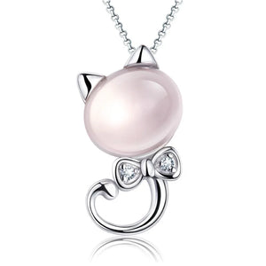 S925 Silver Crystal Zircon Pink Cat Pendant Necklace