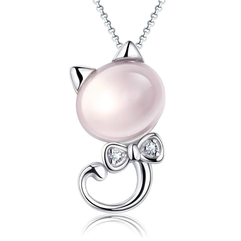 S925 Silver Crystal Zircon Pink Cat Pendant Necklace