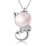 S925 Silver Crystal Zircon Pink Cat Pendant Necklace