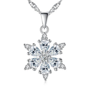 S925 Silver Crystal Zircon Snow Flake Pendant Necklace