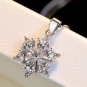 S925 Silver Crystal Zircon Snow Flake Pendant Necklace