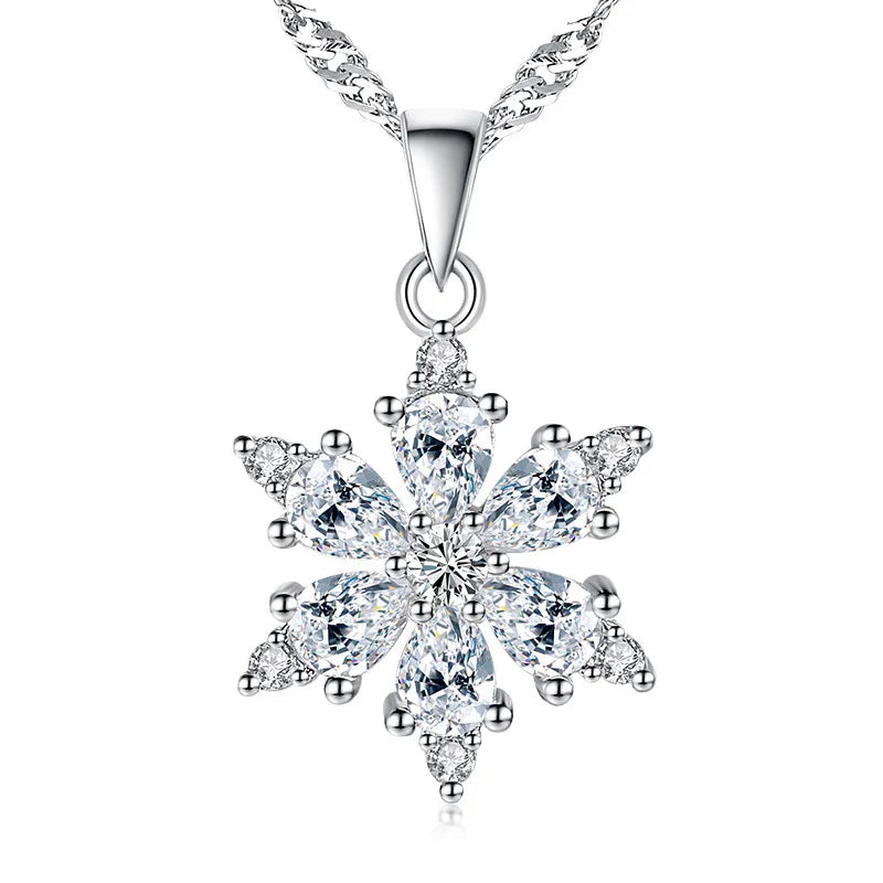 S925 Silver Crystal Zircon Snow Flake Pendant Necklace
