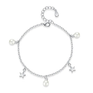 S925 Silver Pearl & Stars Bracelet Bangle Wedding Birthday Gift
