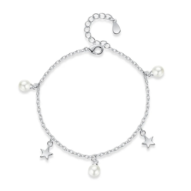 S925 Silver Pearl & Stars Bracelet Bangle Wedding Birthday Gift