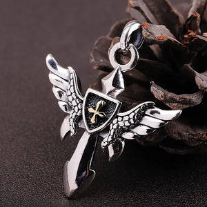 S925 Silver Hip-hop Angel Wings Cross Necklace Pendant