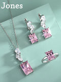 S925 Silver Pink Ruby Set Square Zirconia Ring Pendant Necklace Earrings