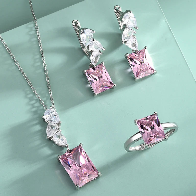 S925 Silver Pink Ruby Set Square Zirconia Ring Pendant Necklace Earrings
