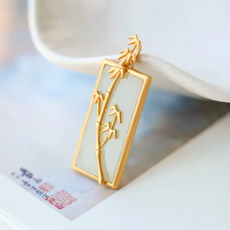 S925 Silver Plated Hetian Jade Bamboo Square Lucky Pendant