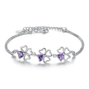 S925 Silver Purple Zircon Lucky Clover Bracelet Bangle