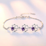 S925 Silver Purple Zircon Lucky Clover Bracelet Bangle