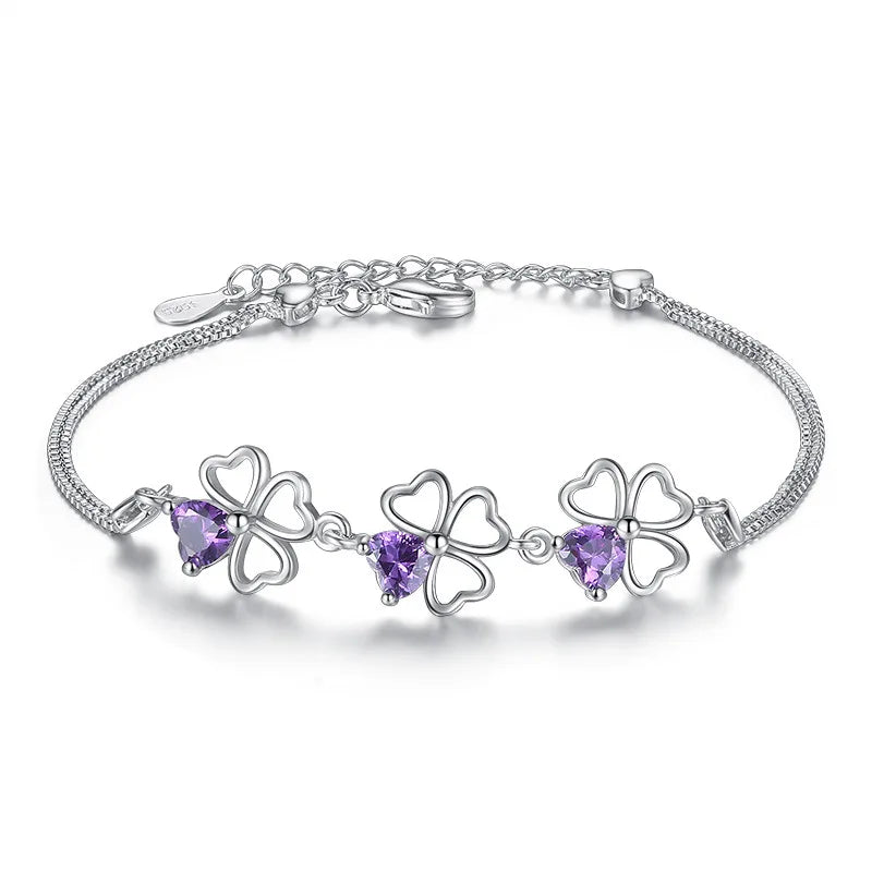 S925 Silver Purple Zircon Lucky Clover Bracelet Bangle