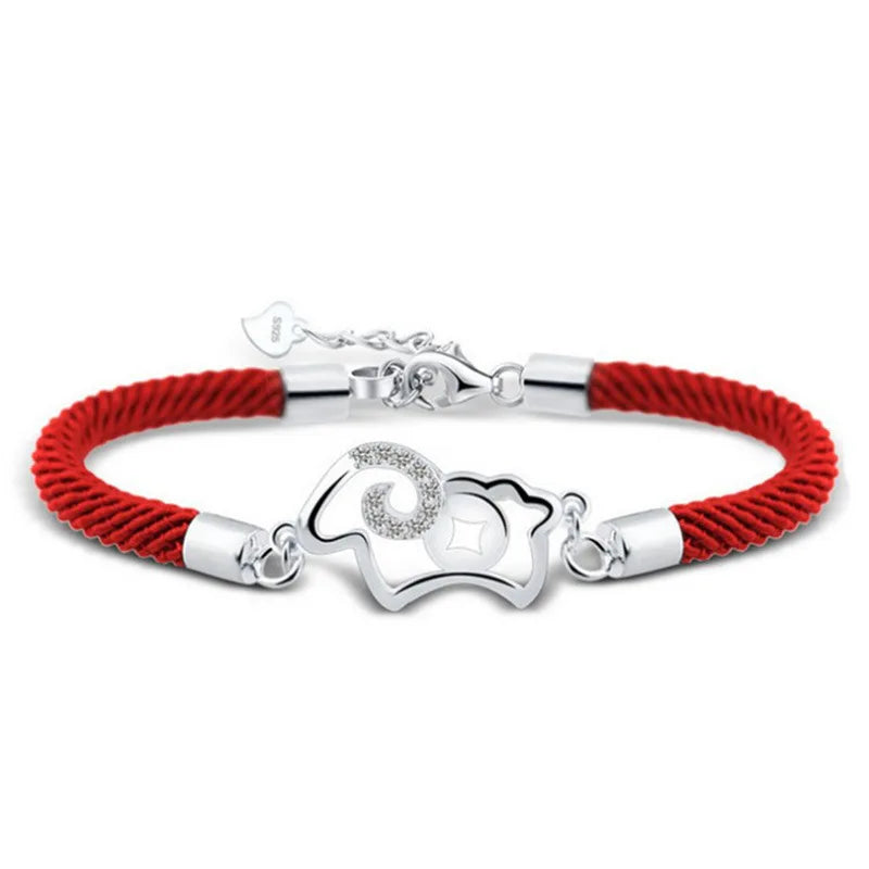 S925 Silver Red Rope Sheep Bracelet Bangle for Women